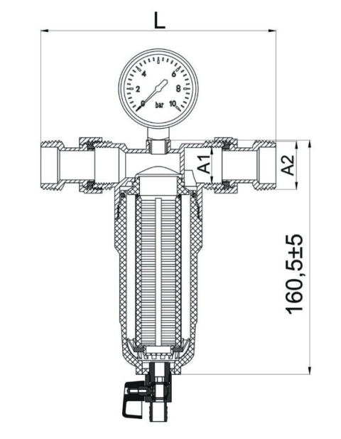 Komplet filtr mechaniczny z płukaniem wstecznym z manometrem PN16 DN25 (1/4")