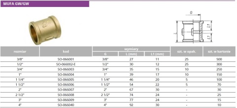 Mufa mosiężna GW/GW 3/8"