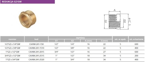 Redukcja mosiężna 1"GZ x 1/2"GW