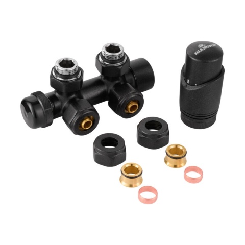 ZESTAW TERMOSTATYCZNY DO GRZEJNIKA, ZESPOLONY KĄTOWY ANTRACYT R 1/2", 16 PEX / 15 Cu