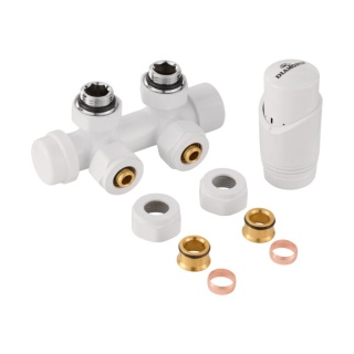 ZESTAW TERMOSTATYCZNY DO GRZEJNIKA, ZESPOLONY KĄTOWY BIAŁY R 1/2", 16 PEX / 15 Cu