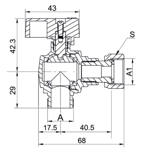 Zawór kulowy mosiężny DN20 3/4" GW/GW PN10 kątowy ze śrubunkiem