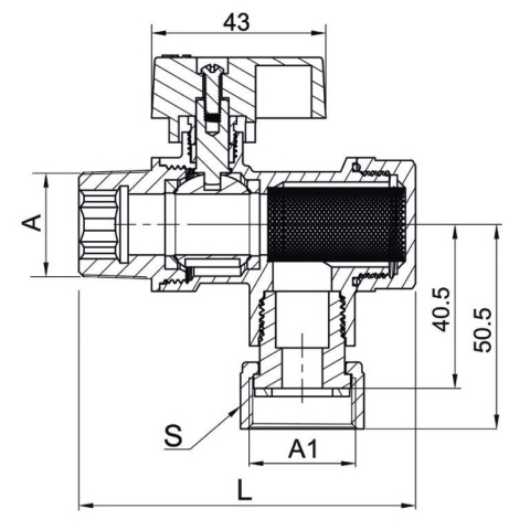 Zawór kulowy mosiężny DN20 3/4" GW/GZ PN10 kątowy z filtrem i półśrubunkiem