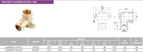 Kolano z łapami mosiężne zacisk M GW 22mm x 3/4"