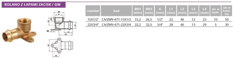 Kolano z łapami mosiężne zacisk V / GW 22mm x 3/4"