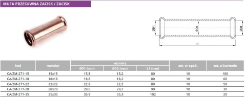 Mufa miedziana przesuwna zacisk M zacisk M 22mm x 22mm