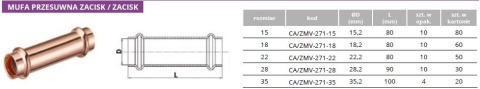 Mufa miedziana przesuwna zacisk V / zacisk V 22mm x 22mm
