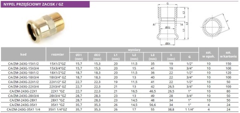 Nypel mosiężny przejściowy zacisk M GZ 22mm x 1/2"