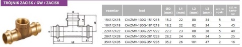 Trójnik mosiężny zacisk V / GW 15mm x 1/2" x 15mm